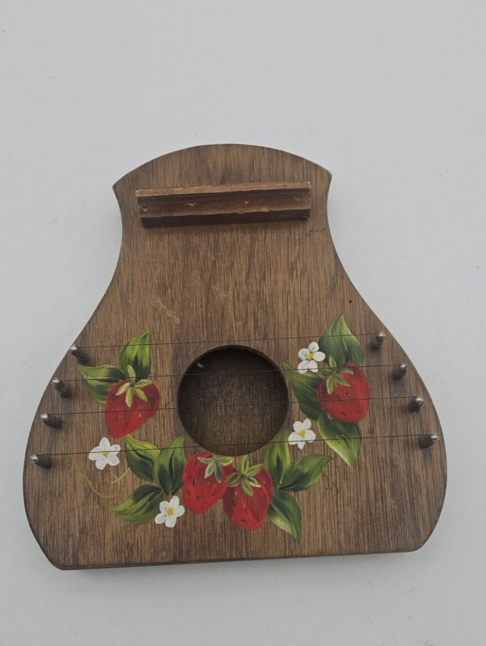 Vintage 1980s Wooden Door Harp Hand Painted Strawberry Folk Art Musical Chime